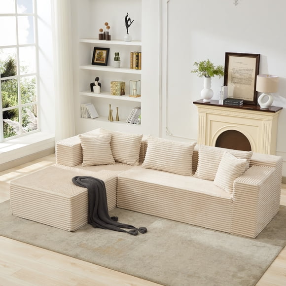 Cloud-Inspired Modular Sectional Sofa – 106" Oversized L-Shaped Couch for Living Room – Deep Seat, 5 Pillows – Corduroy, No Assembly – Beige