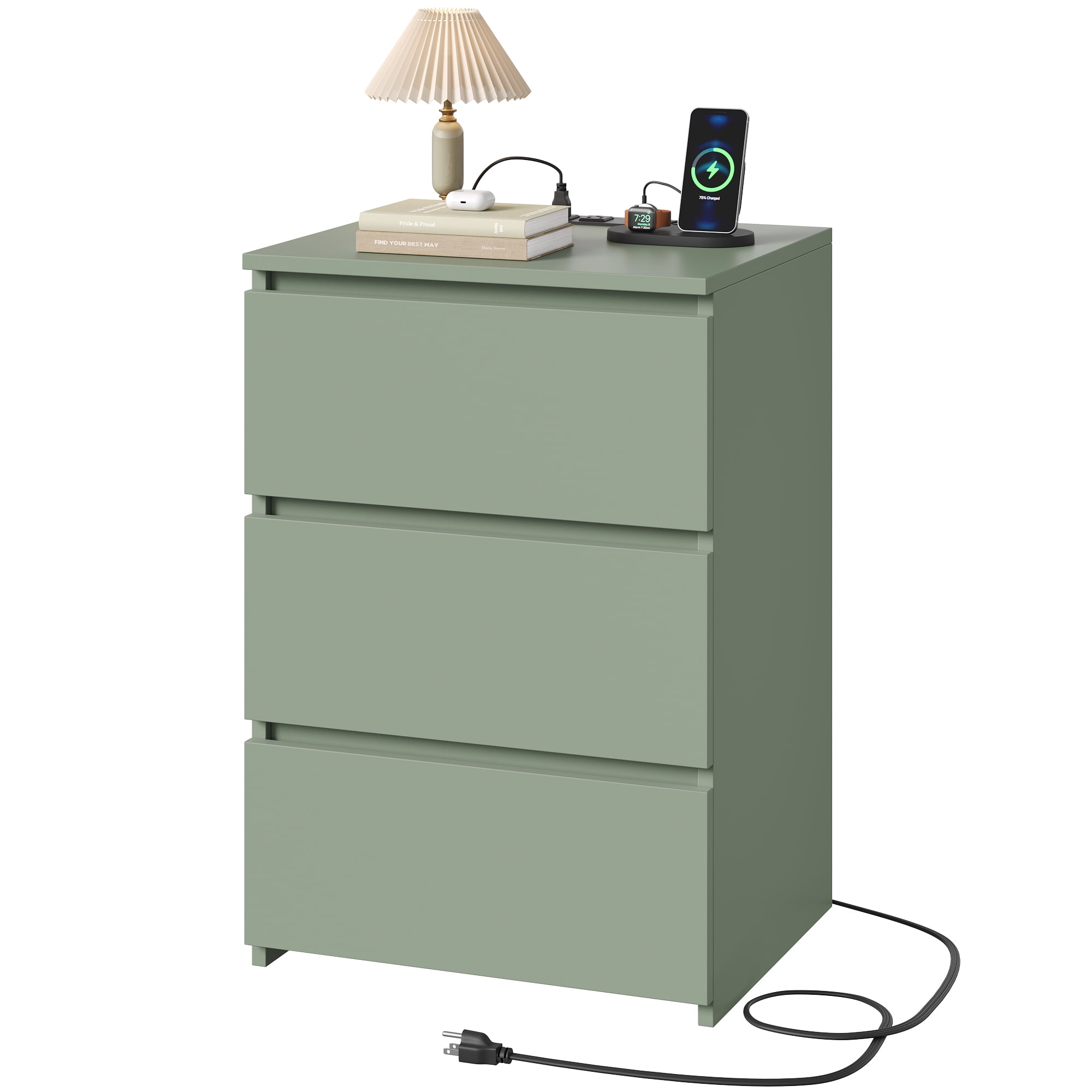 Homfa 3 Drawers Nightstand with Charging Station, Side Table with Storage for Living Room, Bedside Nightstand for Bedroom, Green