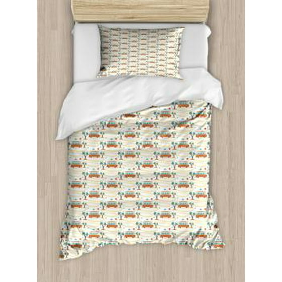 Happy Camper Twin Size Duvet Cover Set Hippie Van On Tropical Road Happy Camper Twin Size Duvet Cover Set Hippie Van On Tropical Road Hawaiian Palm Trees Summer Vacation Decorative 2 Piece Bedding With 1 Pillow Sham
