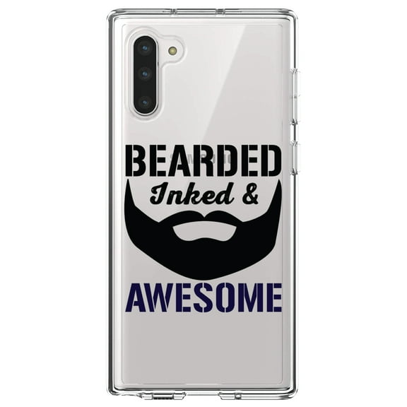 DistinctInk Clear Shockproof Hybrid Case for Samsung Galaxy Note 10 (6.3" Screen) - TPU Bumper Acrylic Back Tempered Glass Screen Protector - Bearded Inked & Awesome