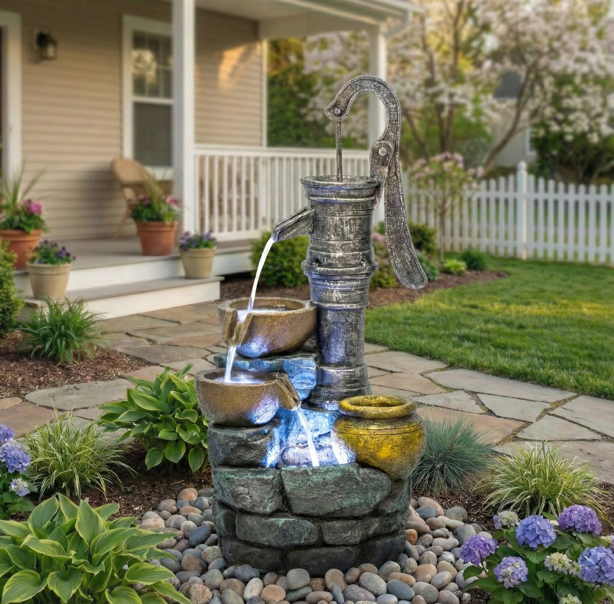 Morufur 32 Inch Outdoor Fountain with Vintage Pump, Garden Waterfall Fountain with LED Lights for Patio Lawn Backyard, Gray