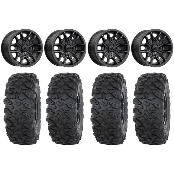 MSA Fang 15" Wheels Black ( 38mm) 32" Roctane T4 Tires Can-Am Maverick X3 / Honda Pioneer 1000 / Talon