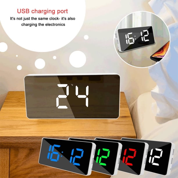 Fiudx Reloj Despertador Usb, Pantalla Led Multifuncional, Espejo de Maquillaje y Pantalla de Temperatura, Ambiente de Sueño Tranquilo, Luz Nocturna Inteligente, Ideal para Mesita de Noche o para Ofic