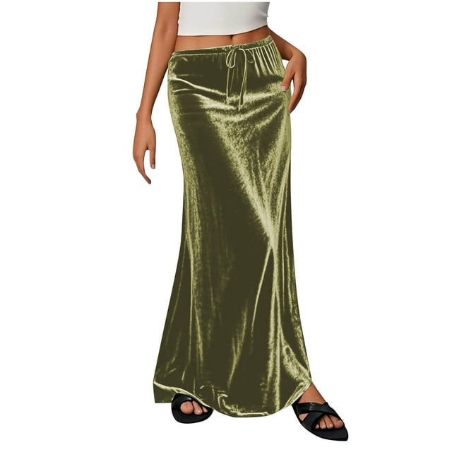 Kvture Jupe Longue Élastique à la Taille Unie pour Femmes Vert TTG