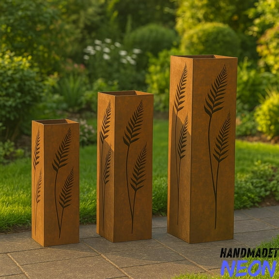 Handmadetneonsign Set of 3 Fern Leaf Metal Garden Column, Outdoor Plant Stand, Modern Garden Sculpture 136510