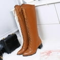 thumbnail image 6 of PiGOGI Women's Winter Knee-High Boots Pointed Toe Lace-Up Back Zipper Thick Heel Boots for Women Brown 43, 6 of 6