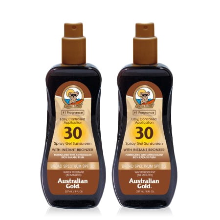 (2 Pack) Australian Gold SPF 30 Spray Gel Sunscreen w/ Instant Bronzer, 8 FL (Best Sunscreen For Tanning Outside)