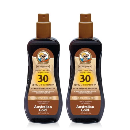 (2 Pack) Australian Gold SPF 30 Spray Gel Sunscreen w/ Instant Bronzer, 8 FL (Best Suntan Lotion 2019)