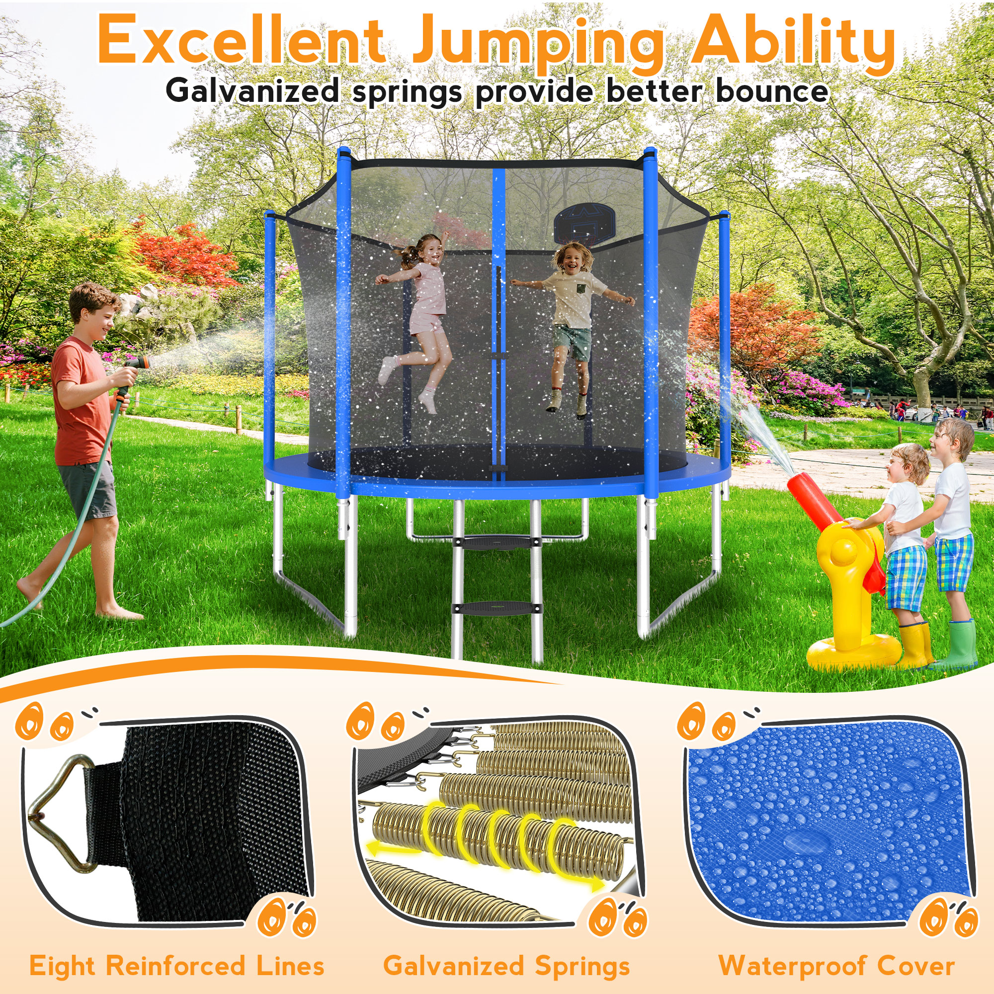KOFUN 1000LBS 10FT Trampoline with Light, Heavy Duty Trampoline for Kids and Adults, Backyard Trampoline with Safety Enclosure Net, Basketball Hoop, 3 Anchor Kits, Ladder, A Ball, Blue