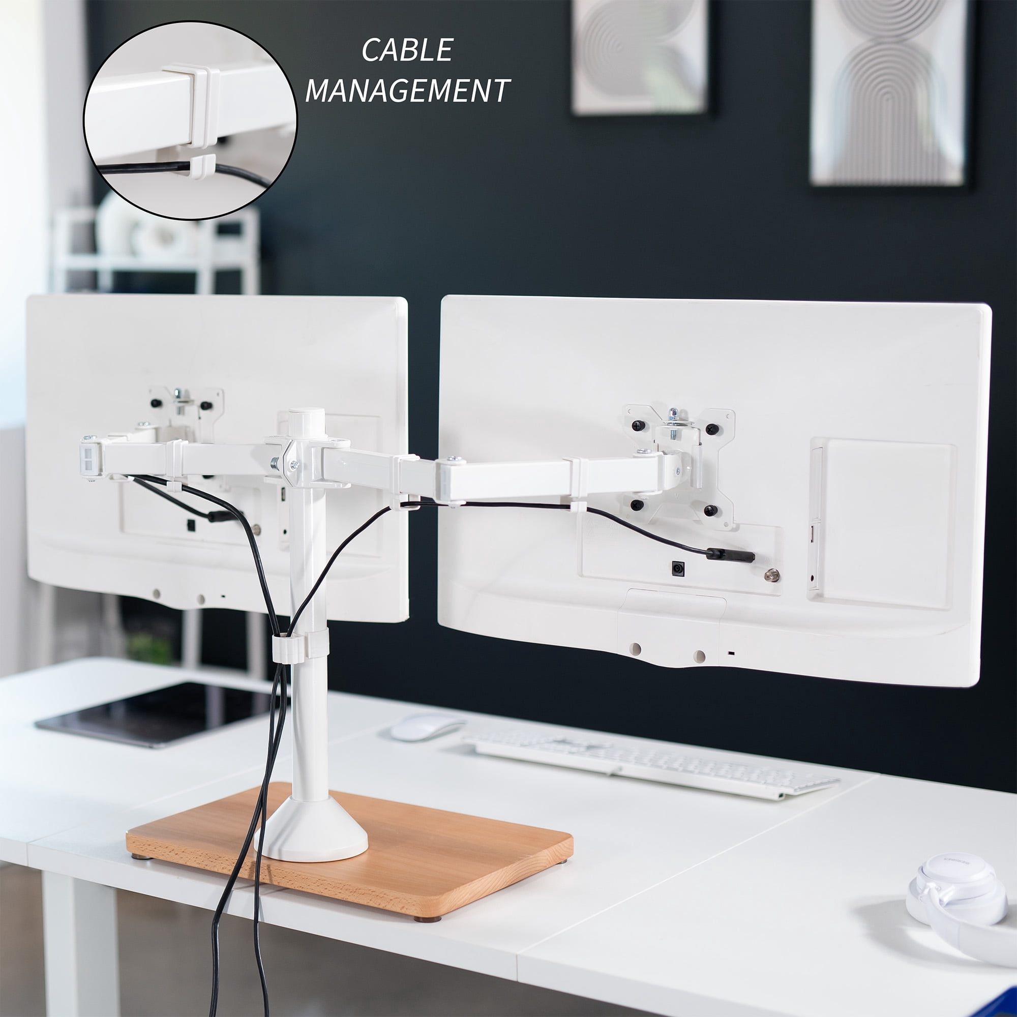 VIVO Dual Monitor Adjustable Mount w/ Wood Base, Fits Computer Screens up to 32"