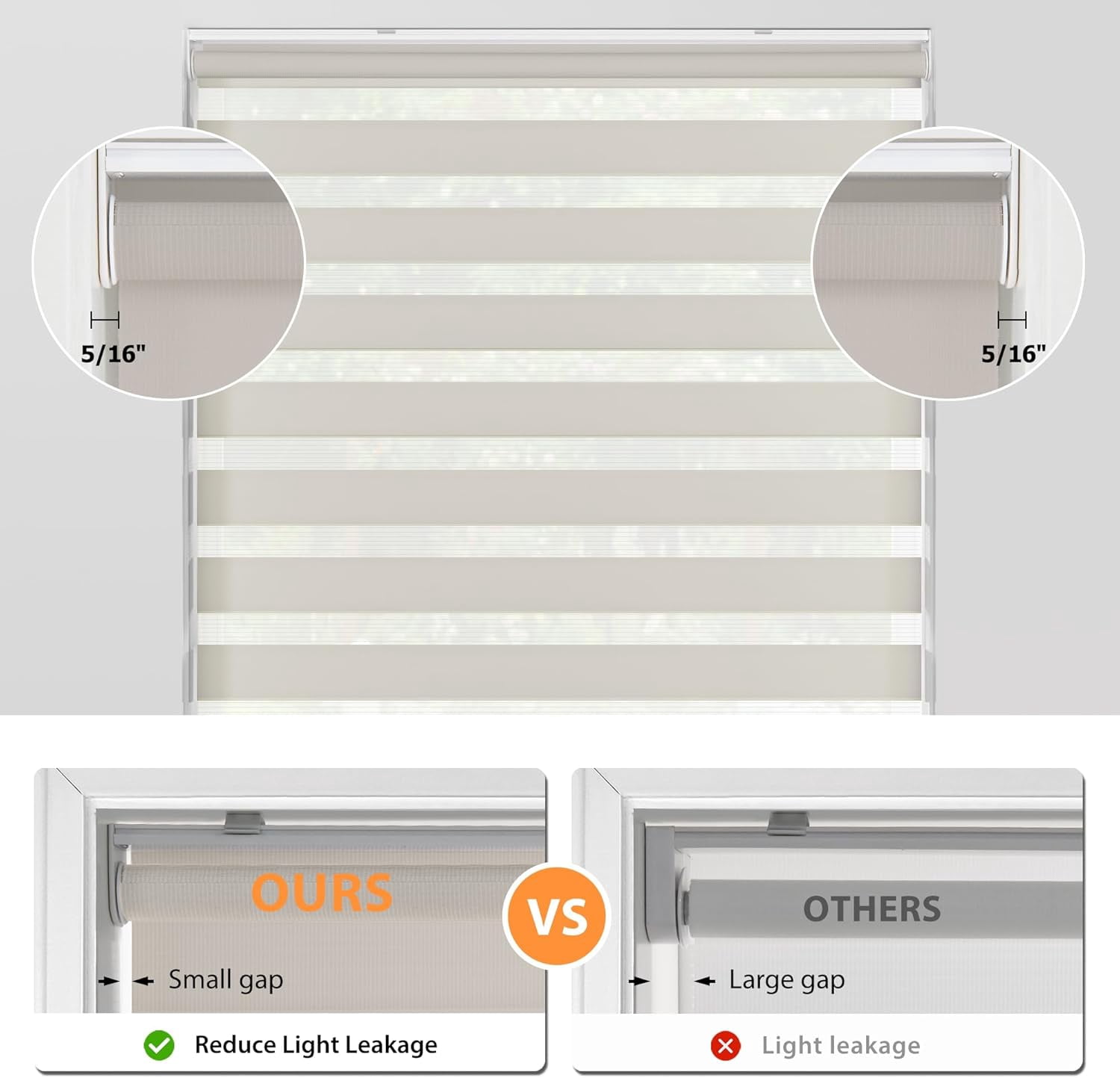 LazBlinds No Tools No Drill Cordless Zebra Blinds for Windows, Dual Layer Light Control for Day and Night, Light Filtering Privacy Roller Blinds and Shades for Home, 44" W x 72" H, Stone Grey