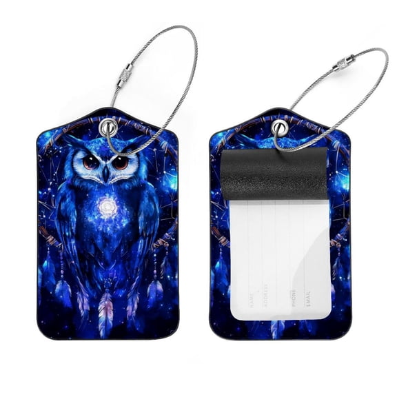 PhooArto 2 Pcs Luggage Tags, Blue Galaxy Dreamcatcher Owl Privacy Cover ID Label with Stainless Steel Loop and Address Card for Travel Bag Suitcase