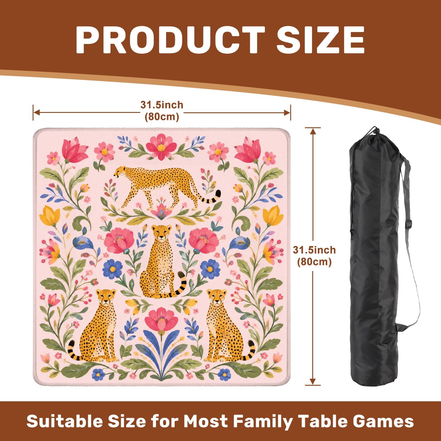 Mahjong Mat 31.5" x 31.5" Leopard Floral Vibrant Colors Pink Non-Slip Noise Reduction Mahjong Tiles Table Cover for Dominoes Poker Card Board and Tile Games