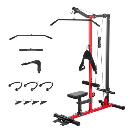 KFFKFF 3-in-1 LAT Pull Down and Row Cable Machine, Home Gym Equipment with Adjustable Seat and Foam Roller, Supports Up to 400 lbs, Ideal for Back, Chest, and Tricep Workouts, Black