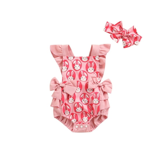 Kiapeise Newborn Girl Romper Fly Sleeve Cartoon Rabbit Printed Ruffles Playsuit + Headband Set