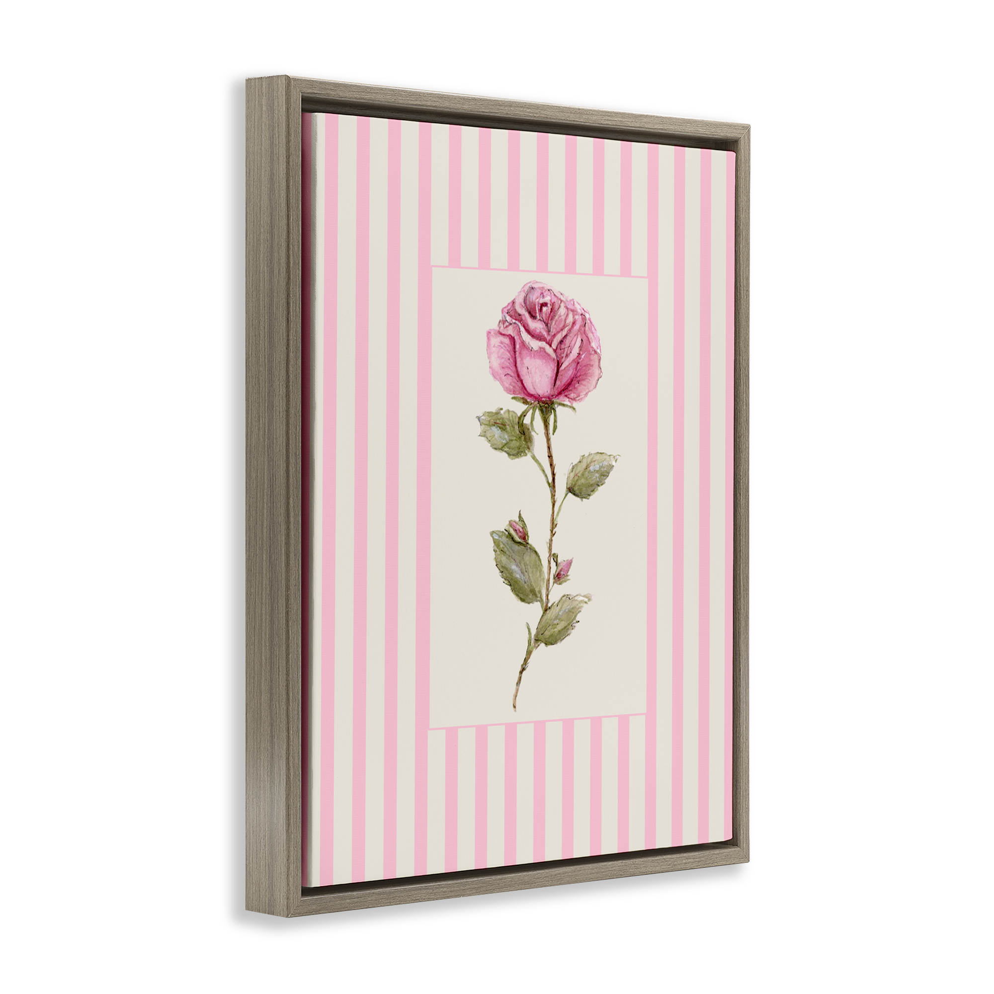 Pink Stripe Rose Brown Framed Floater Canvas Wall Art, design by Lisa Wehmeyer