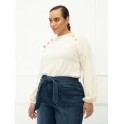 ELOQUII Elements Women's Plus Size Balloon Sleeve T-Shirt with Button Detail