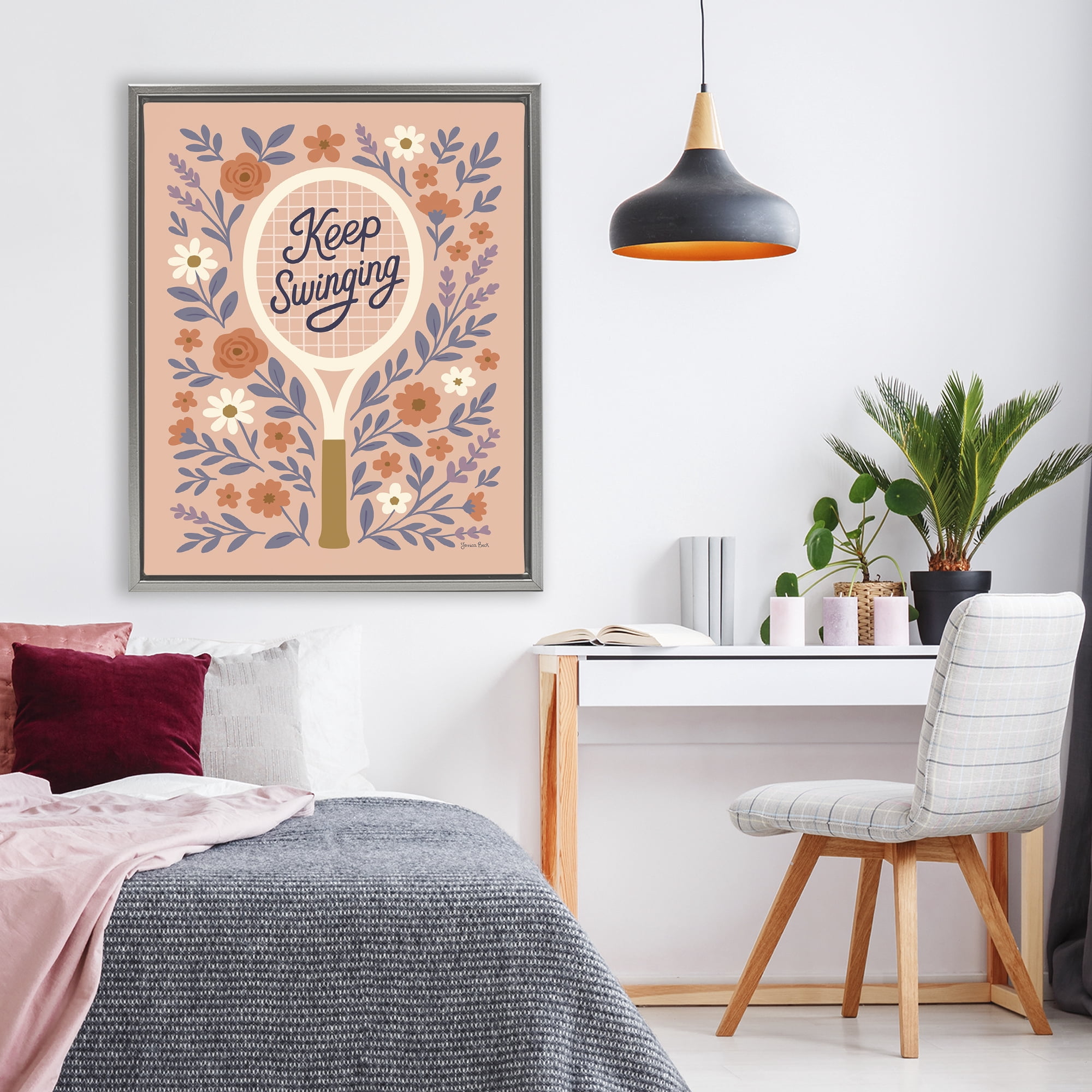 Stupell Industries Keep Swinging Floral Tennis Gray Framed Floater Canvas Wall Art, design by Jessica Beck