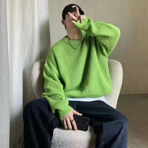 Suéter verde de cuello redondo para hombre, suéter de punto holgado estilo Hong Kong para otoño e invierno, ropa de lana gruesa para invierno