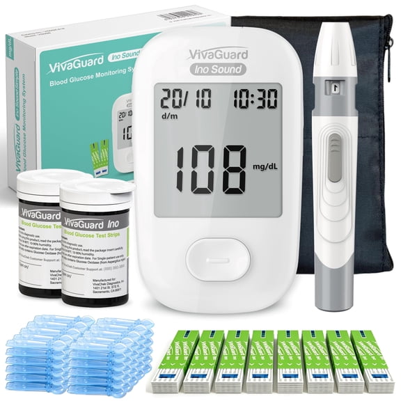 VivaGuard Talking Blood Glucose Monitor Kit with 100 Test Strips and 100 Lancets, No Coding, 5-Second Results, 1000-Reading Memory