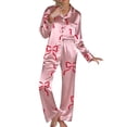 thumbnail image 4 of FEIJIBA Womens Pajama Sets Women Bow Pajamas Satin Set 2 Piece Button Down Shirts Wide Leg Pants Cute Ladies Loungewear Sets Valentine's Day, 4 of 6