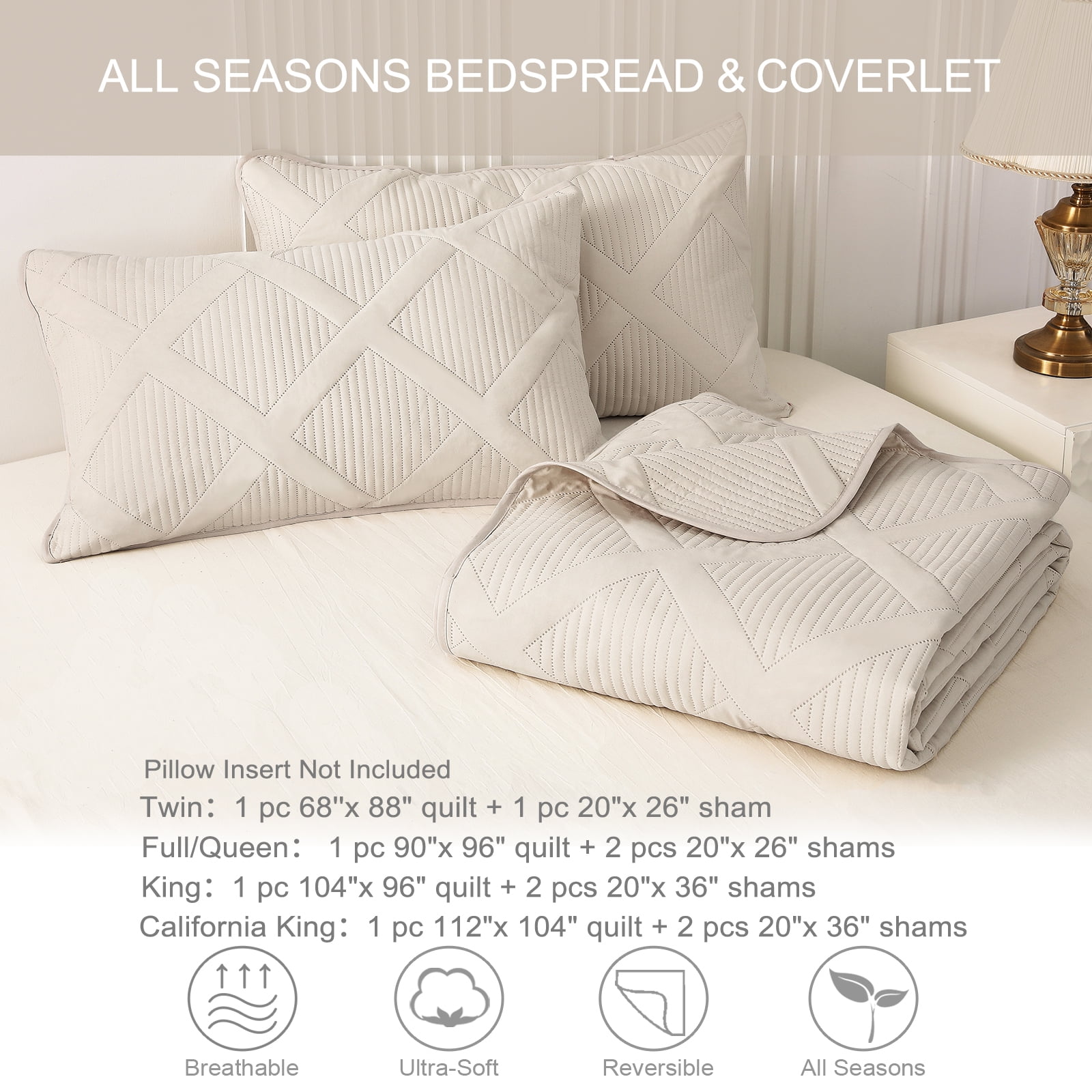 Exclusivo Mezcla Ultrasonic King Quilt Set, 3-Piece Lightweight Bedspreads Modern Striped Coverlet, Brich Beige