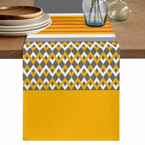 Yellow Grey Stripes Table Runner 72 Inches, Abstract Lines Geometric Modern Art Bed Runner Dresser Scarves Tabletop for Indoor Outdoor Parties/Ceremony/Banquet, 13" x 72"