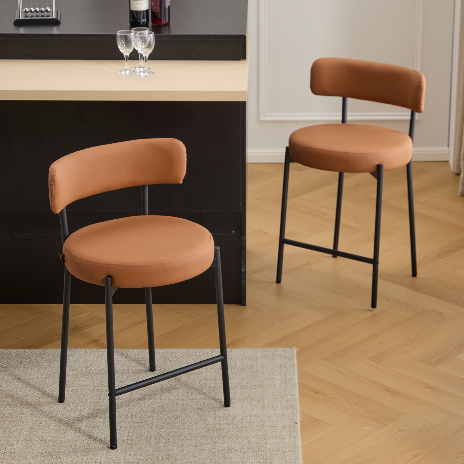 Furniliving Bar Stools Set of 2, Modern Counter Height Bar Stools with Back, Upholstered Bar Height Barstools for Kitchen Counter/Home Bar/Dining Room, Faux PU-Brown