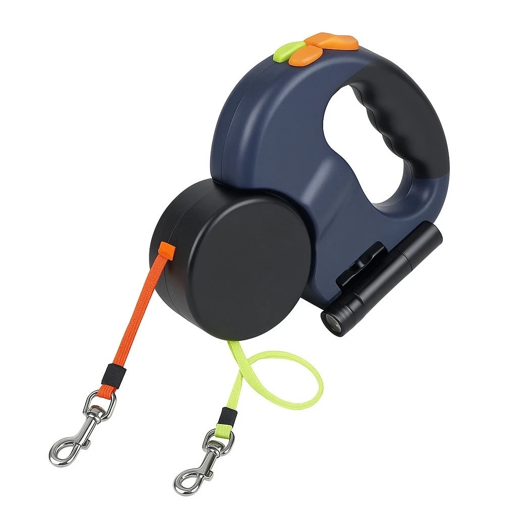 Double Dog Retractable Leash, Reflective 10ft Dual Pet Walking Lead, Heavy Duty No-Tangle Leash for 2 Dogs with Ergonomic Handle, Up to 50 lbs Each