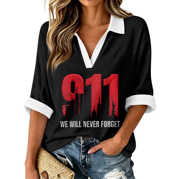 Bexdxz Polo Shirts for Women Three-Quarter Sleeve Vintage Printed Memorial Never Forget 9/11 25th Polo Shirt V Neck Tops Dark Blue XL