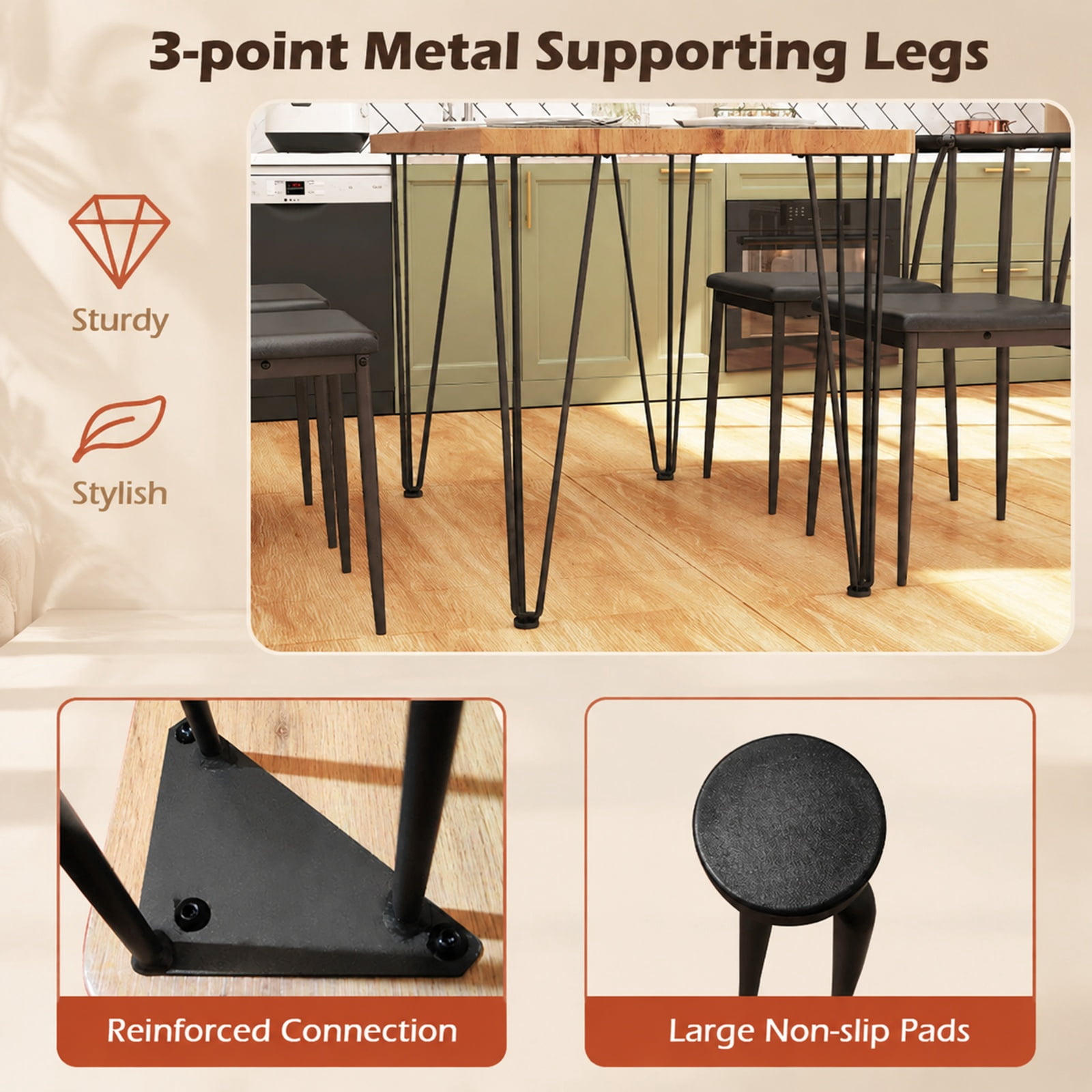Furnibear 5 Piece Space Saving Industrial Dining Table Set for 4 with Armless PU Leather Chairs and Metal Legs for Kitchen, Black
