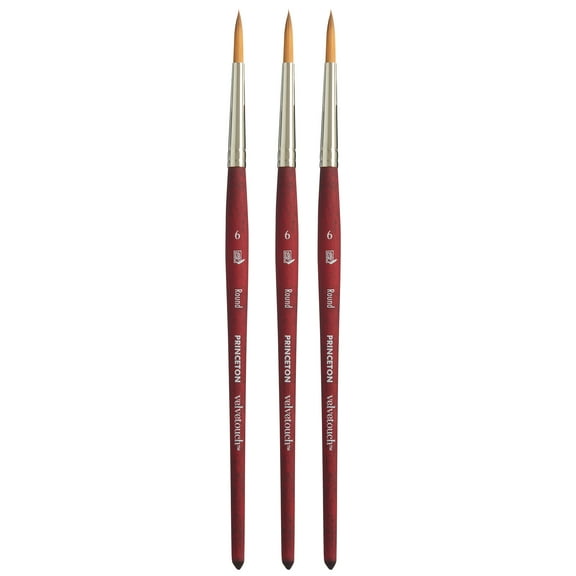 Princeton Velvetouch Round Brush, Synthetic Bristles, Short Handle Mixed Media Paintbrush, Scarlet, Size 6, Pack of 3