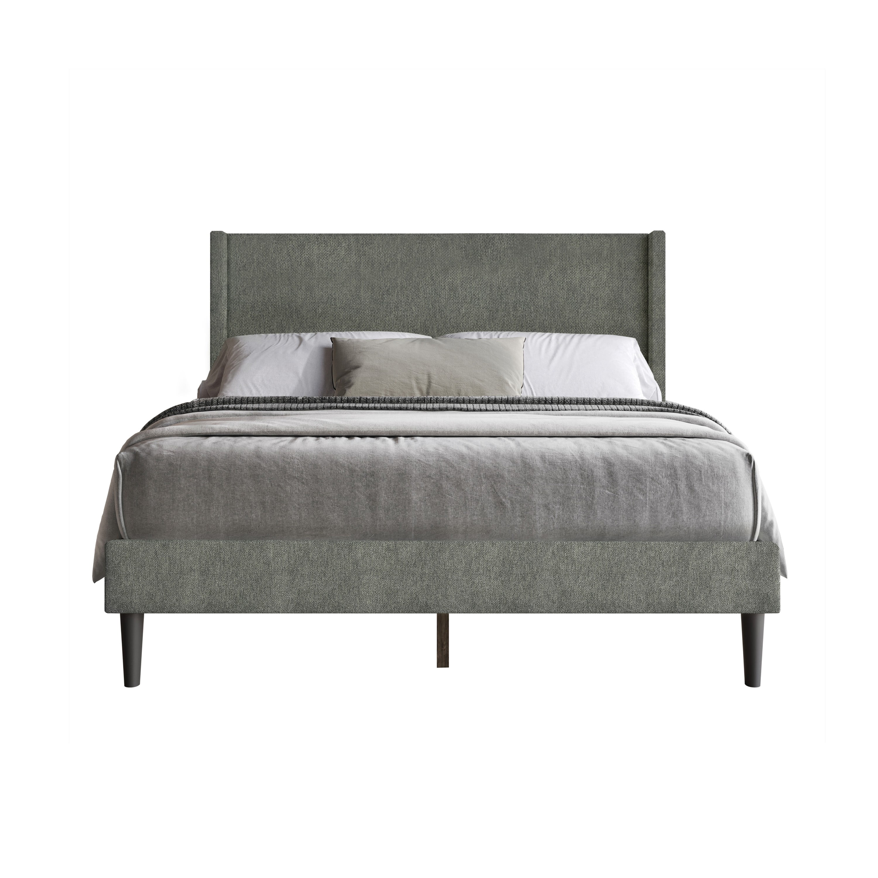 Home Design Bangor King Upholstered Wingback Platform Bed Frame, Linen, No Box Spring Required, Gray