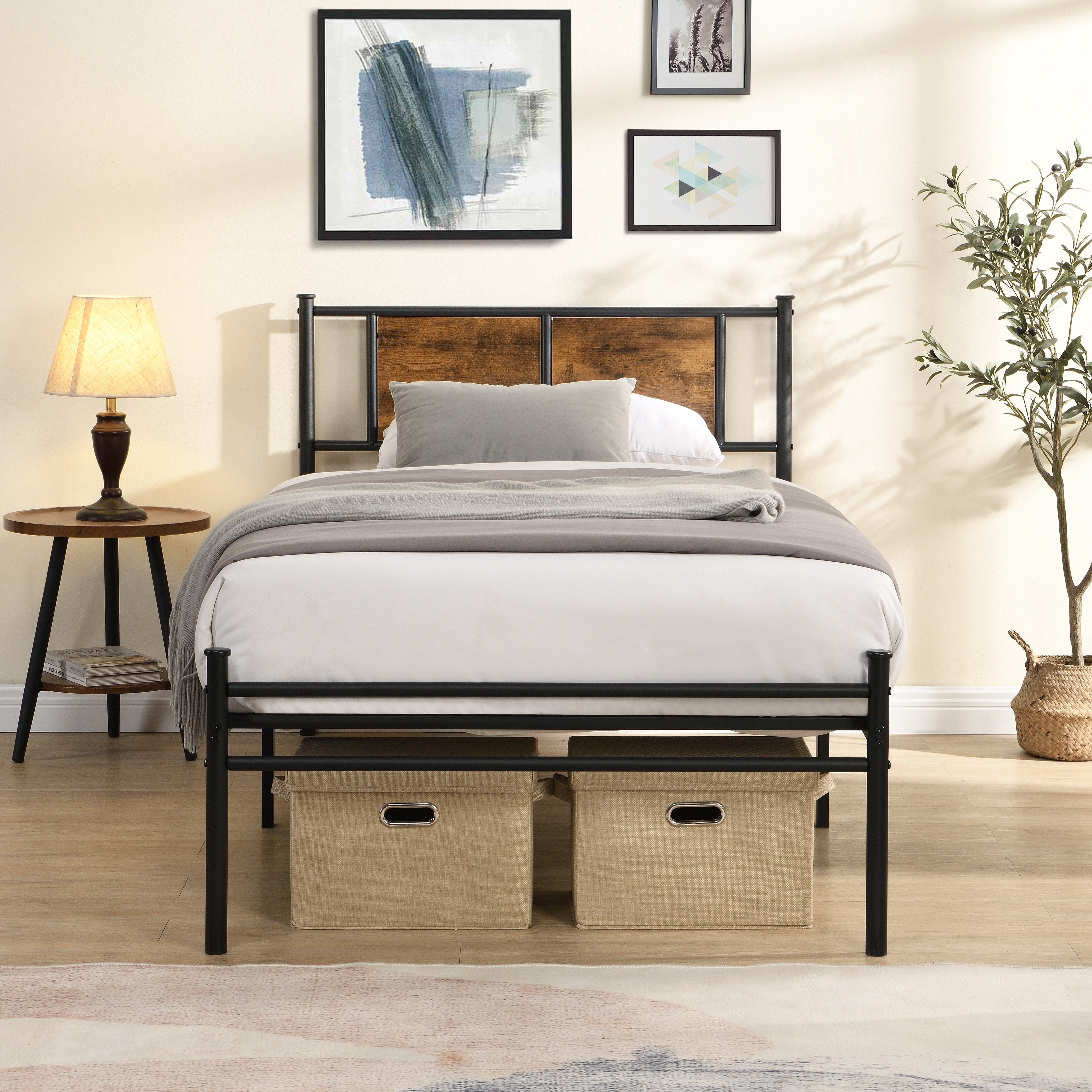 Bed Frame, Metal Bed Frame, Twin XL Size Bed&nbsp;Platform with Wood Panel Headboard, Sturdy Steel Slats, Under Bed Storage, Black+Brown, 82.68 Inch Length, No Box Spring Needed