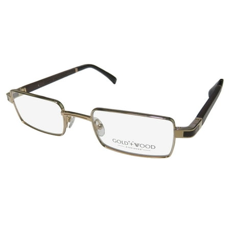New Gold & Wood Matar-B Mens Rectangular Full-Rim Wood Gold / Brown Wood High Quality Genuine Wood Frame Demo Lenses 48-21-130 Spring Hinges Eyeglasses/Eye