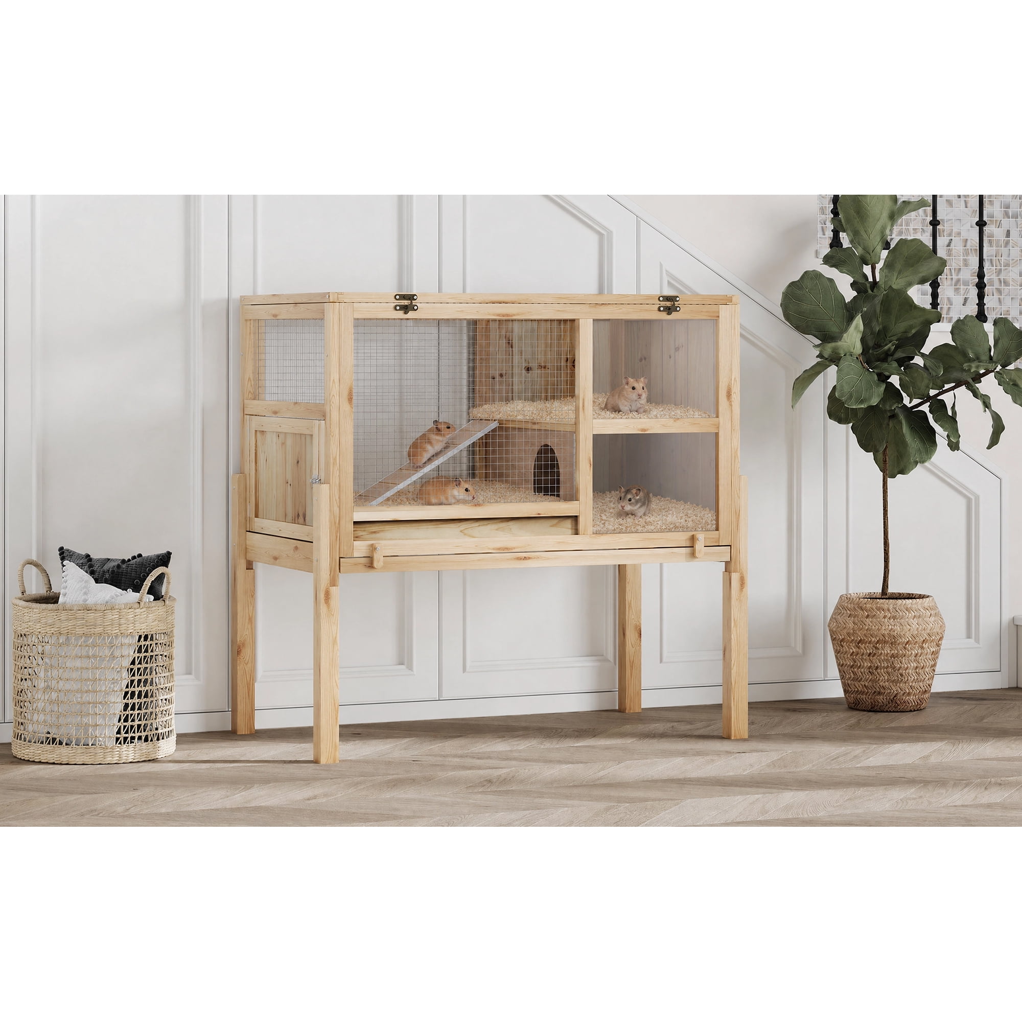 38" 2-Story Wooden Rabbit Hutch with Stand, Indoor Guinea Pig Cage Featuring Ramp, Hideout, Lockable Door & Leak-Proof Pull-Out Tray, Clear View Small Animal Habitat for Bunny Hamster