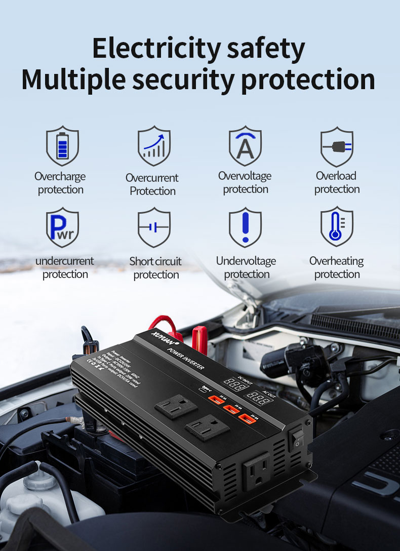 JahyElec 2000W Pure Sine Wave Power Inverter Universal DC 12V/24V to AC 110V 2-in-1 with LED Display 1Type-C 3 USB Ports