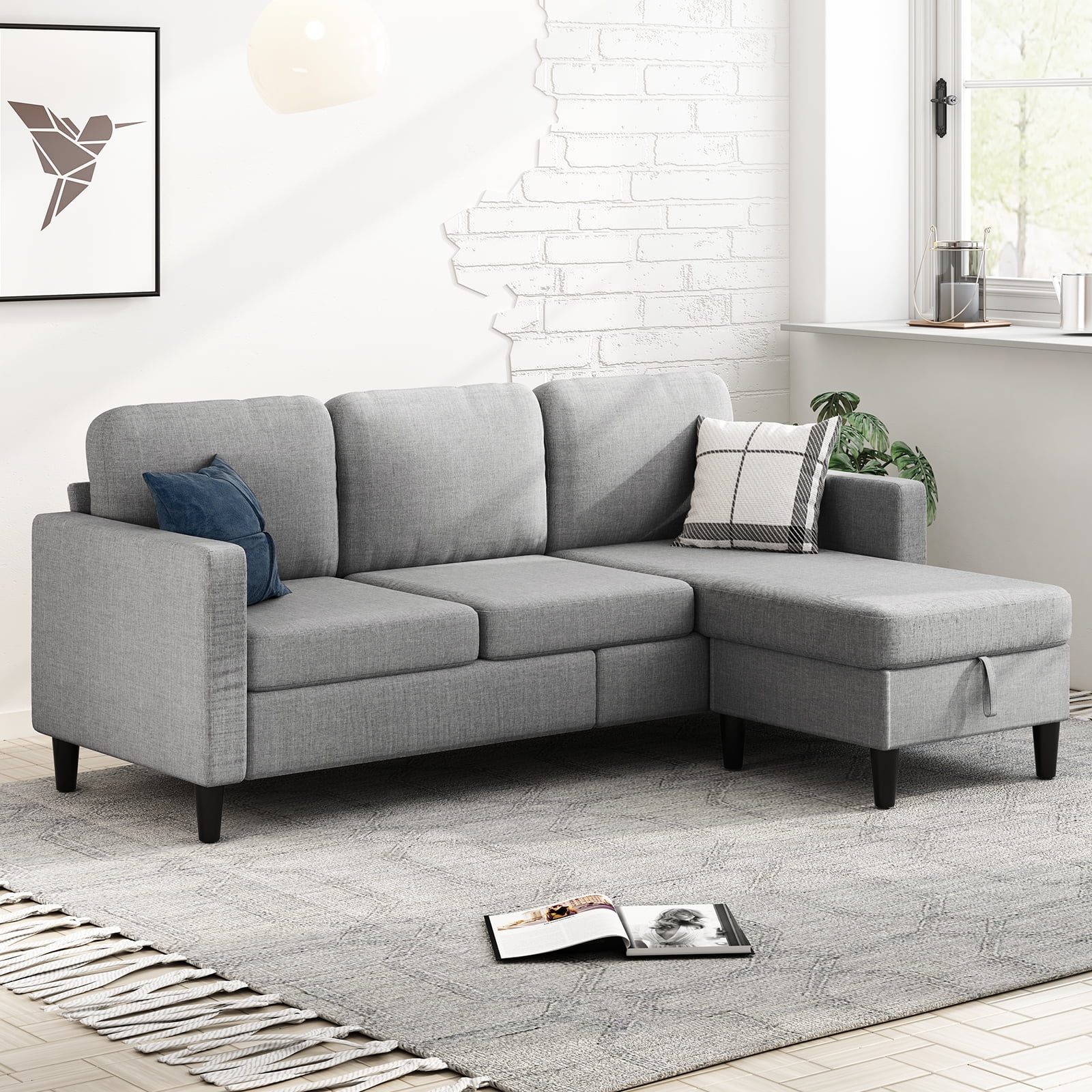 MUZZ Sectional Sofa with Movable Ottoman, Free Combination Sectional Couch, Small L Shaped Sectional Sofa with Storage Ottoman, Modern Linen Fabric Sofa Set for Living Room (Light Grey)