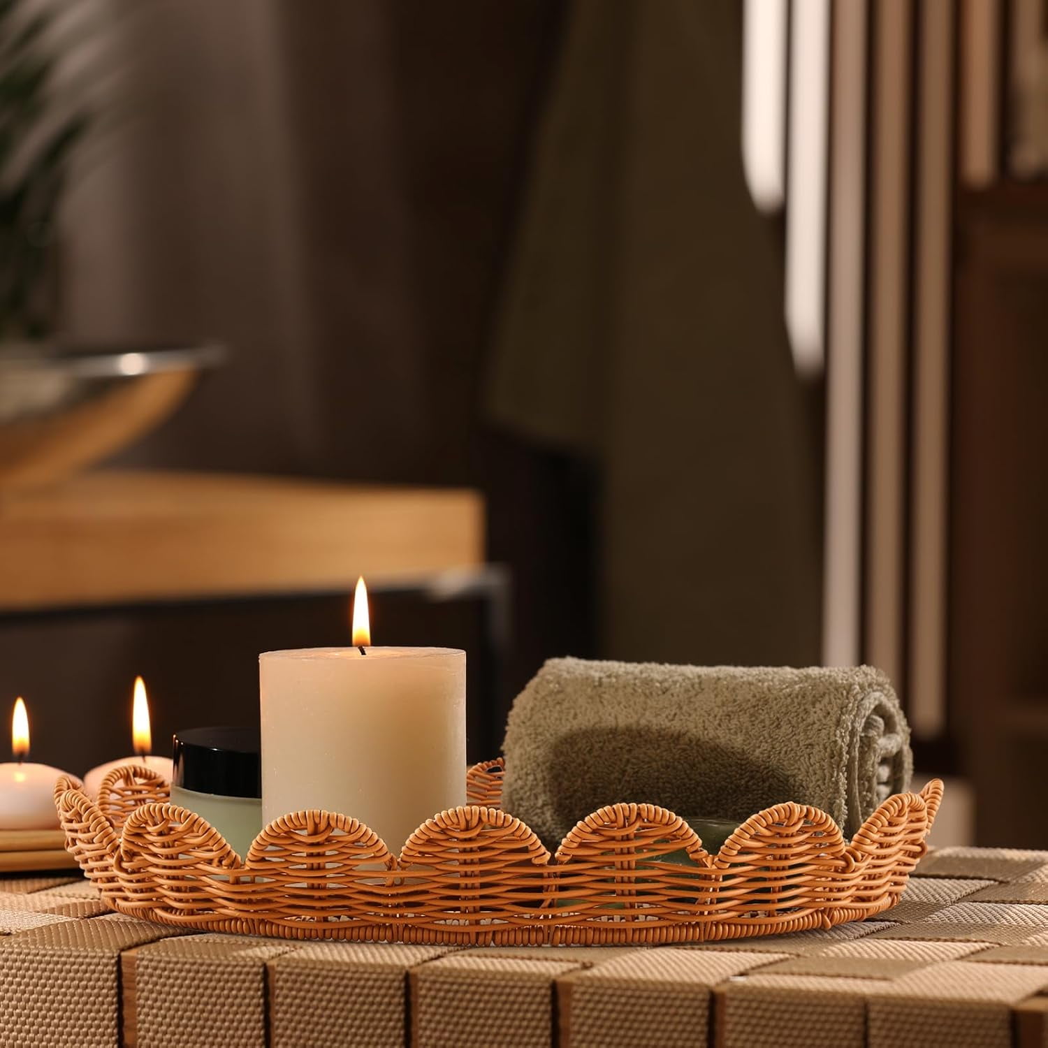 3 Pcs Scalloped Basket, Hand Woven Rattan Basket Set Round Wicker Basket with Lid 18 x 14 x 6 In Wicker Storage Basket for Storage Nursery, Baby, Clothes, Toys Bathroom Decor (S+M+L)