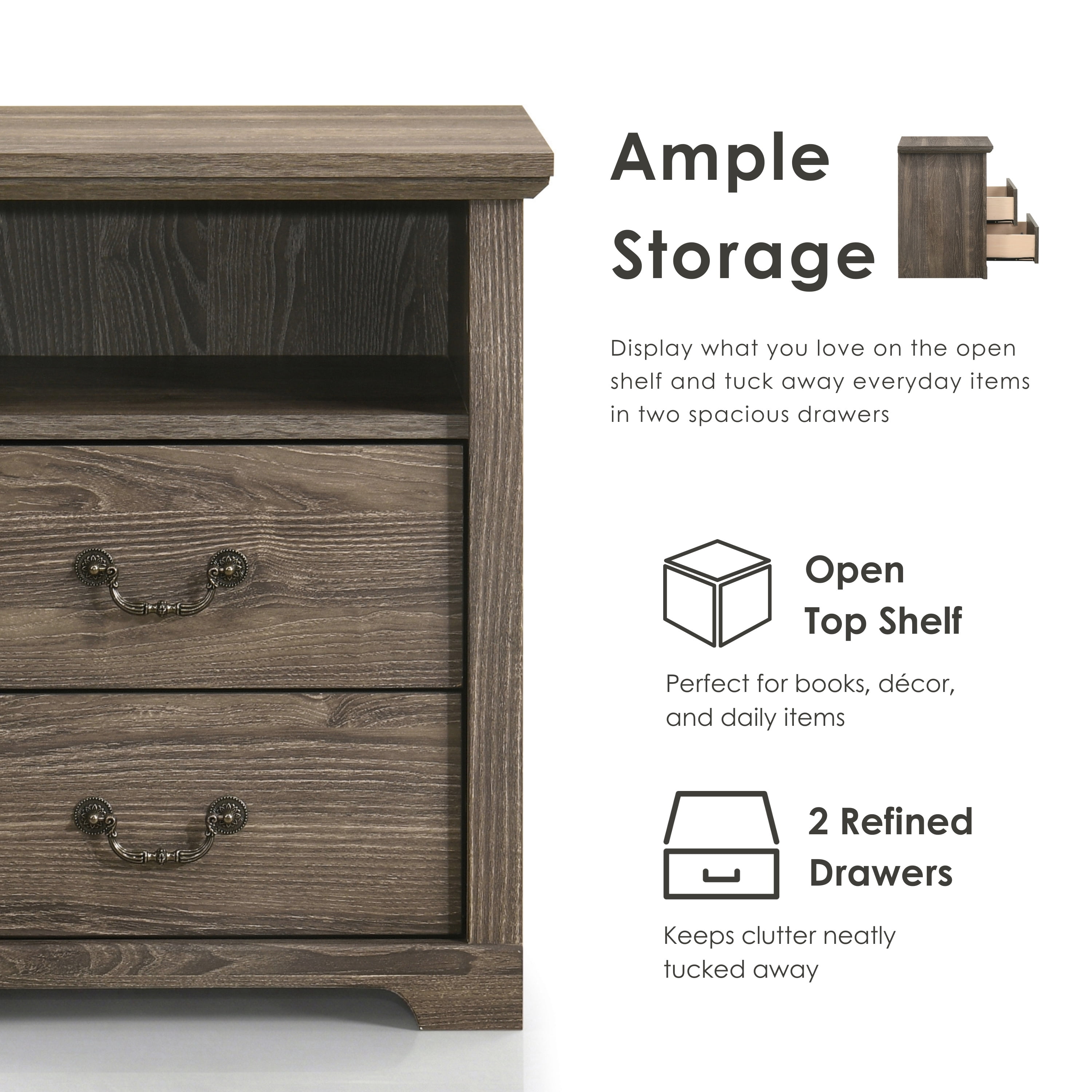 Furniture of America Chara Modern Wood 2-Drawer Nightstand with Open Top Shelf, Dark Gray