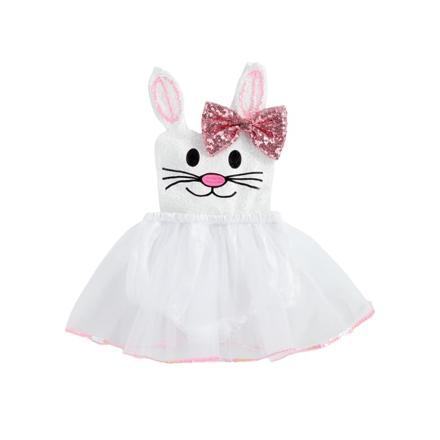Fortune Barboteuse Bébé Fille Mignonne Imprimé Lapin de Pâques Sans Manches en Tulle, 0-3 Ans