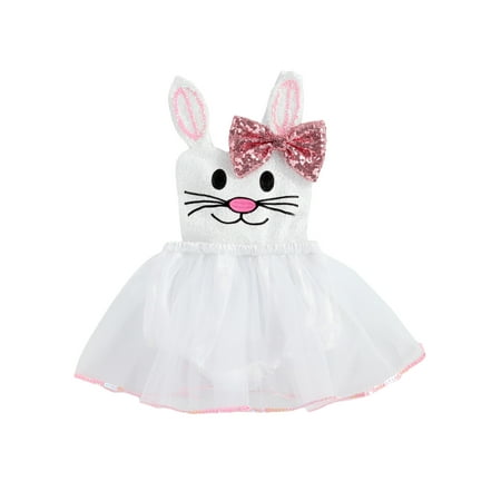 

Baby Girls Easter Bunny Tulle Dress Sequins Sleeveless Romper Dress One-Piece Romper Bow Tutu Dress
