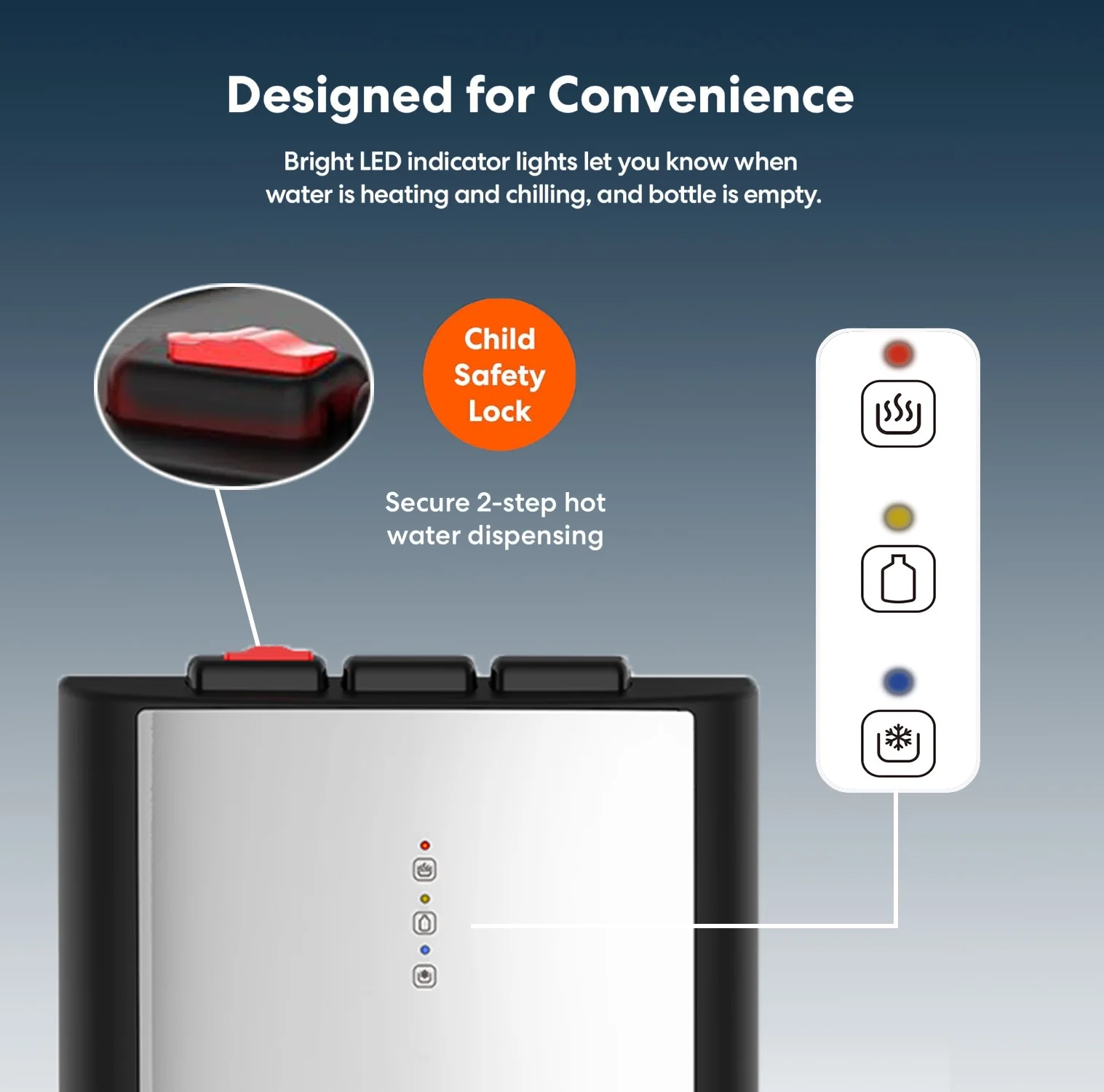IKT Bottom Load Water Dispenser for 3-5 Gallon Bottle UV Self Cleaning Hot Cold and Room with Child Safety Lock,