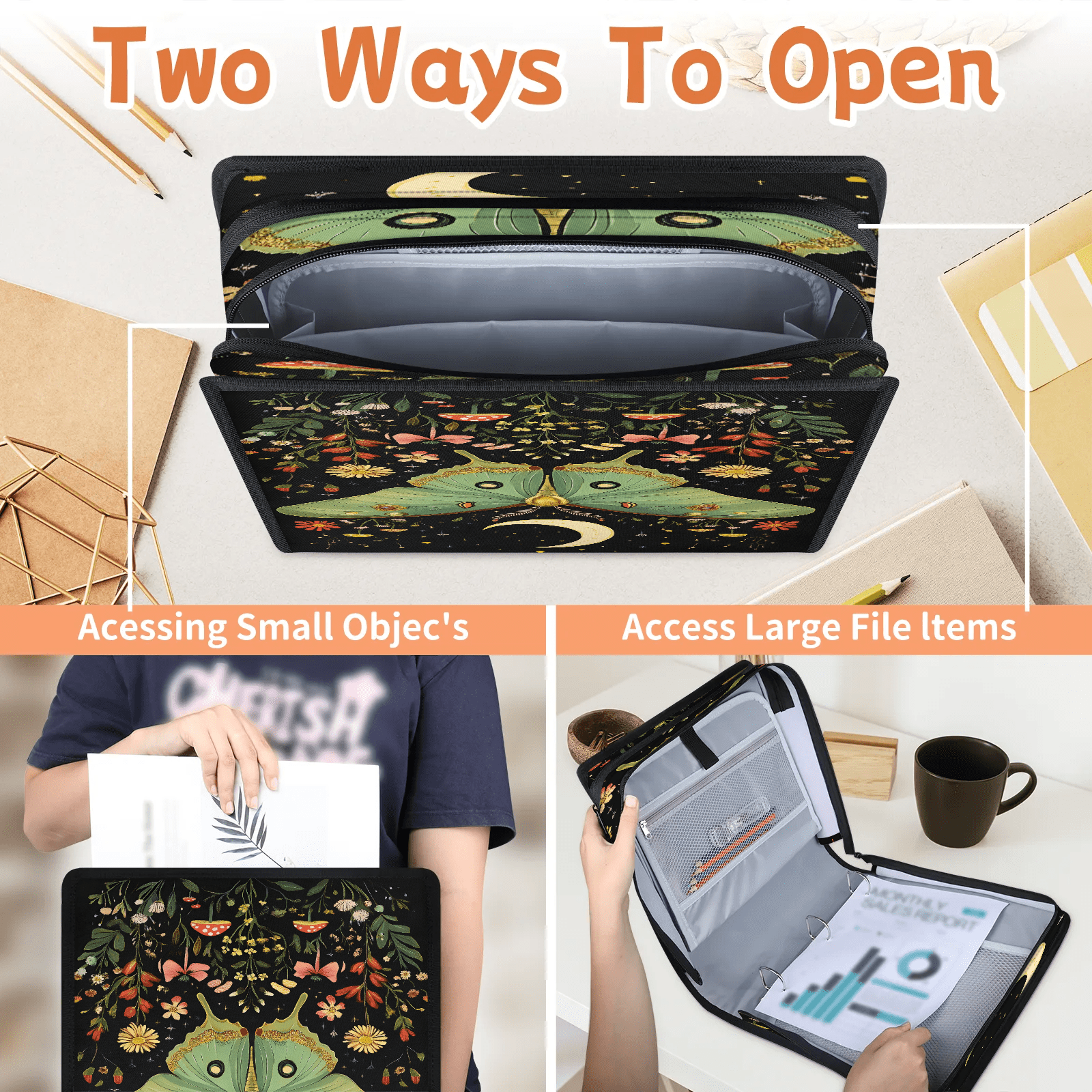 Herdesigns Butterfly Zipper Binder with Shoulder Strap, Waterproof 1.5 Inch 3 D-Ring Binder Organizer Bag, Fits 13 Inch Laptop for Work, Floral
