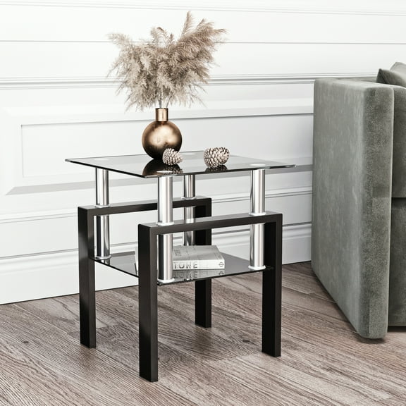 Triple Tree Indoor Tempered Glass Square End Table with Open Storage Shelf, Black