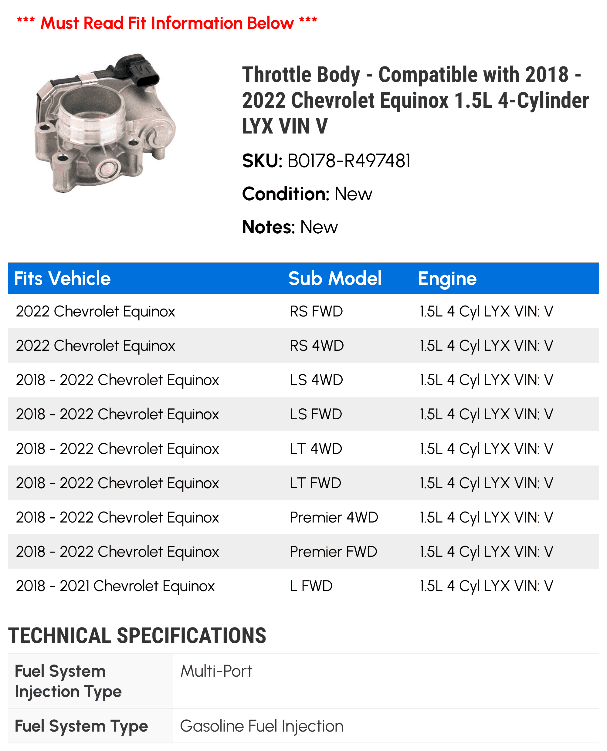 Throttle Body - Compatible with 2018 - 2022 Chevy Equinox 1.5L 4-Cylinder LYX VIN V 2019 2020 2021