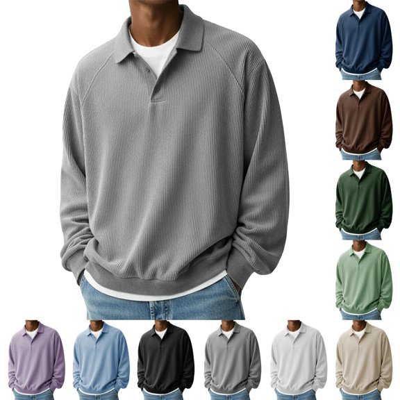 GrmtClth Shirts for Men Long Sleeve Lapel Button Collar Textured Polo Pullover Fall Winter Loose Casual Daily Streetwear Top Gray M