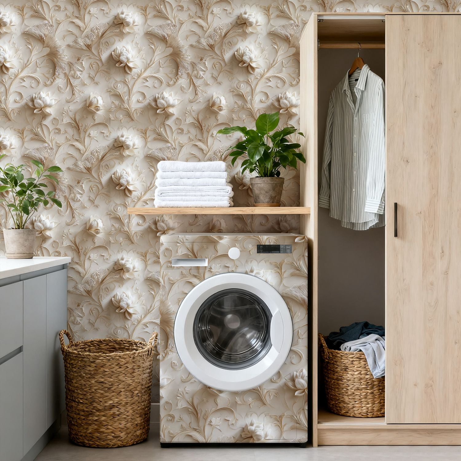 Peel and Stick Wallpaper Elegant 3D Floral Soft Beige Tones Delicate Blossoms Wall Mural 17.7in x 9.8ft Self Adhesive Removable Wall Paper Renter Friendly Wallpaper for Nursery Bedroom Cabinets