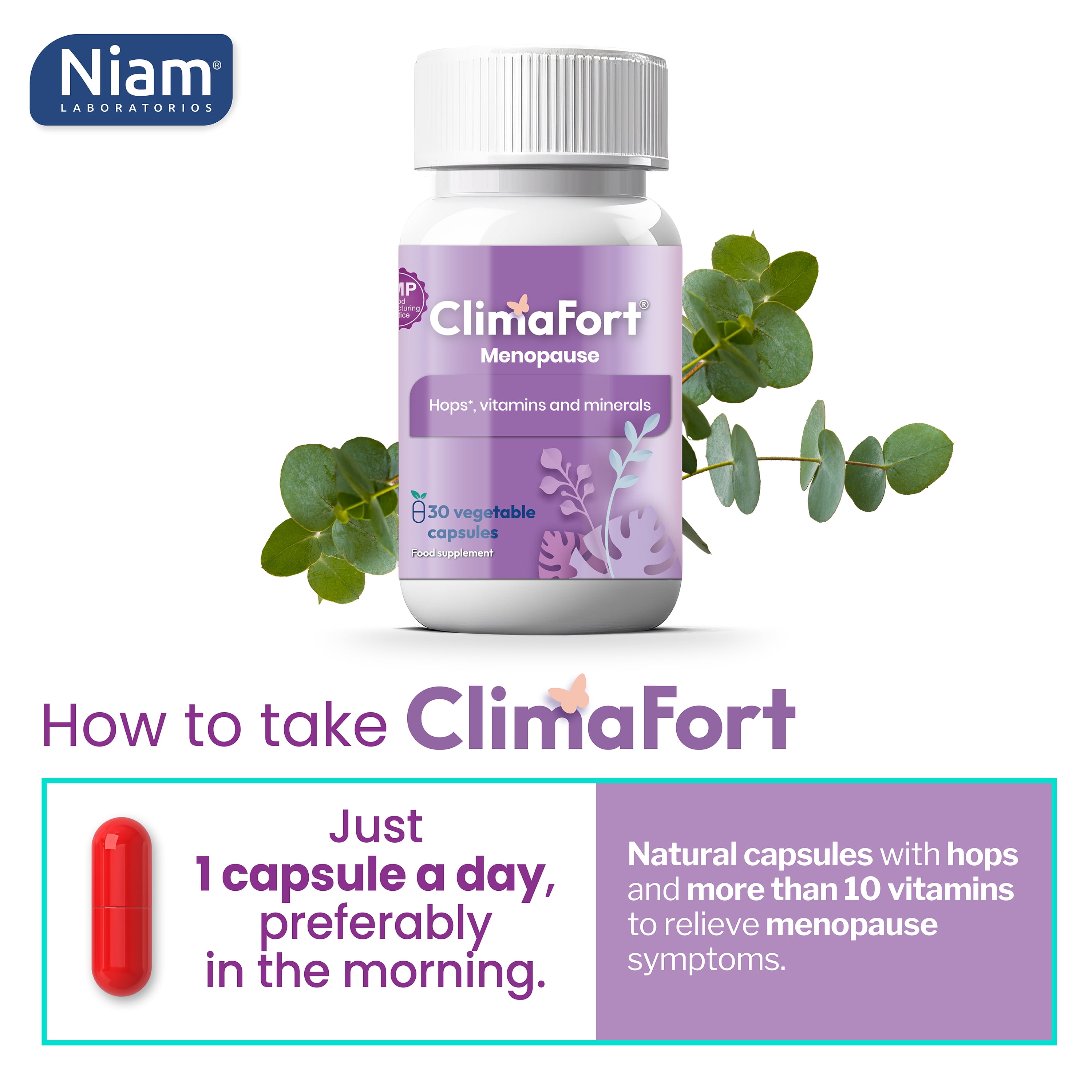 ClimaFort Menopause Support | Helps with Hot Flashes, Night Sweats, Mood Swings | Hormone-Free Menopause Relief Pills for Women | Hops, Vitamins & Minerals | 30 capsules | 1 Capsule Daily