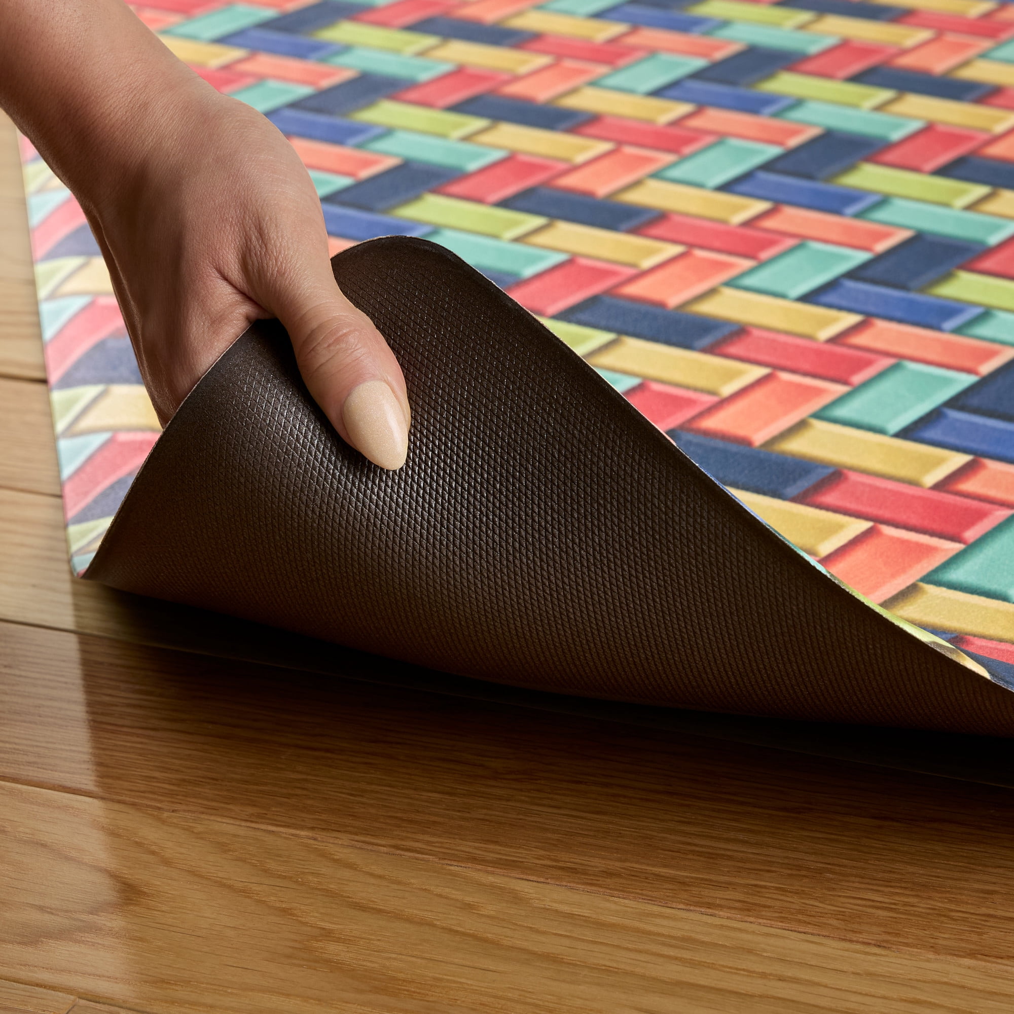 FIESTA Party Herringbone Tiles Modern Geo Anti-Fatigue Comfort Kitchen Mat, Non-Slip Floor Mat, Padded Standing Desk Mat, Red/Blue/Yellow, 20"x39"
